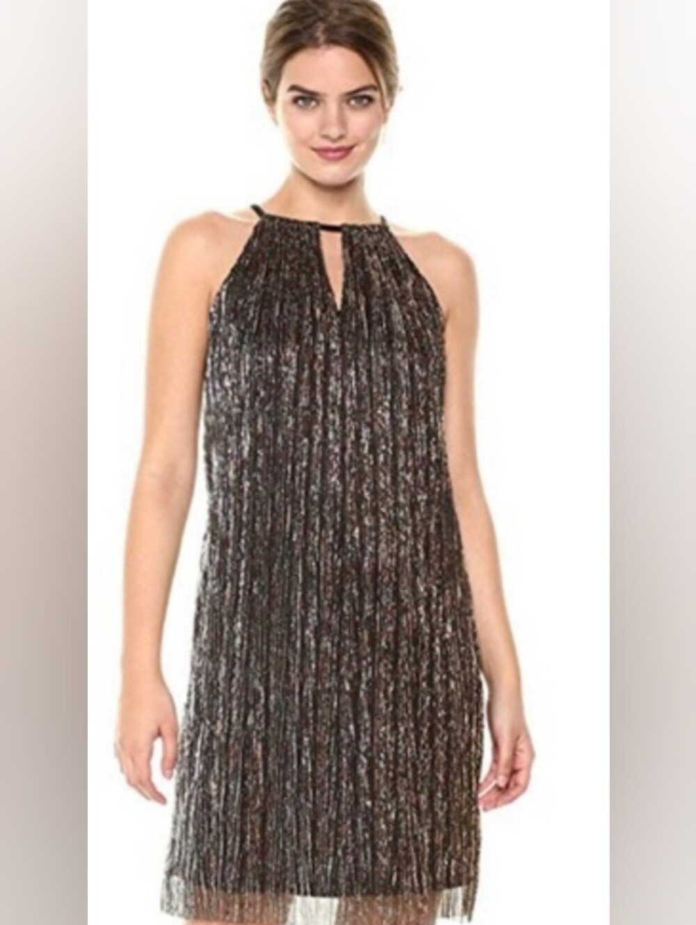 NAGGY LONDON Metallic Black Fringe Halter Dress